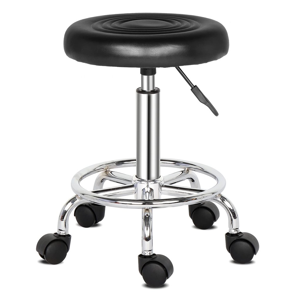 Vasitelan PU Leather Modern Round Rolling Stool with Footrest Height Adjustable Spa Drafting Salon Tattoo Work Massage Stools Task Chair (Style 2-Black)