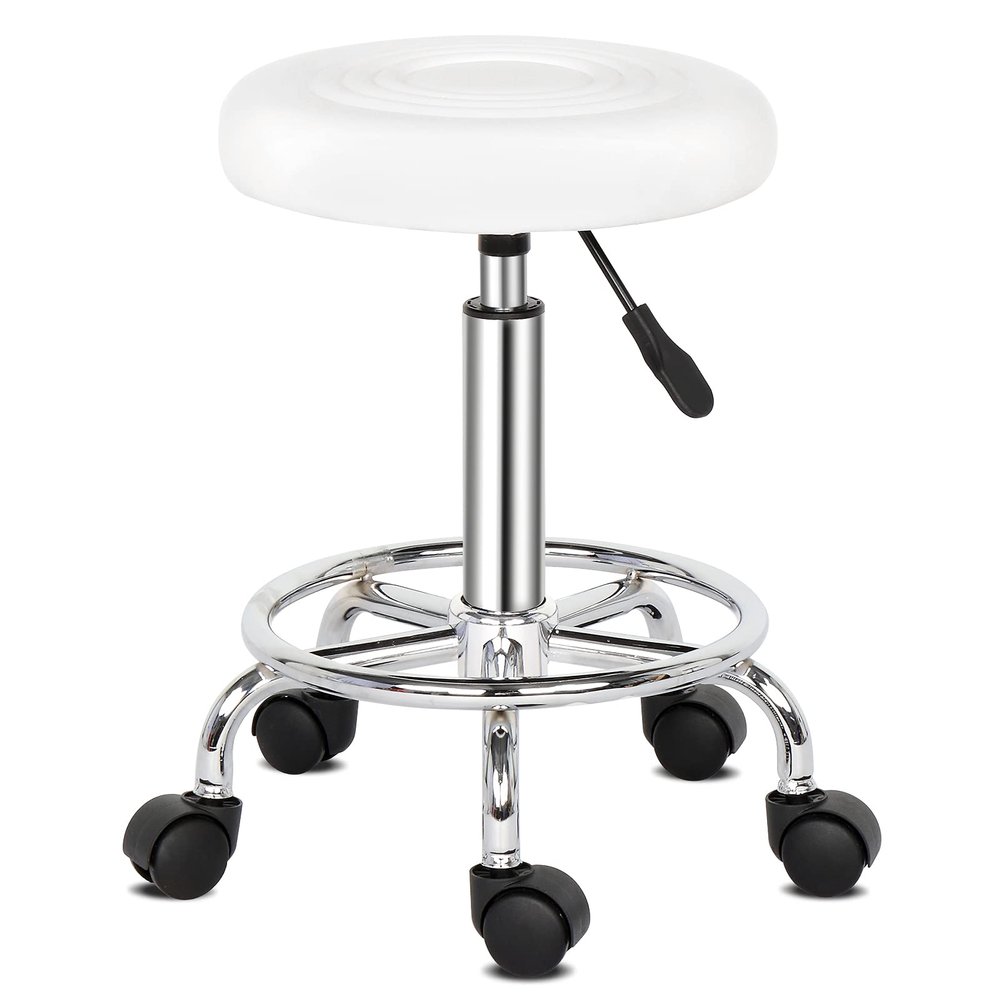 Vasitelan PU Leather Modern Round Rolling Stool with Footrest Height Adjustable Spa Drafting Salon Tattoo Work Massage Stools Task Chair (Style 2-White)