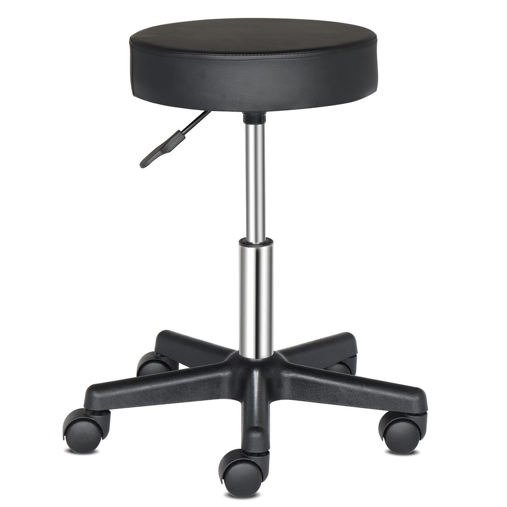 Vasitelan PU Leather Modern Round Rolling Stool with Footrest Height Adjustable Spa Drafting Salon Tattoo Work Massage Stools Task Chair (Style 3-Black)
