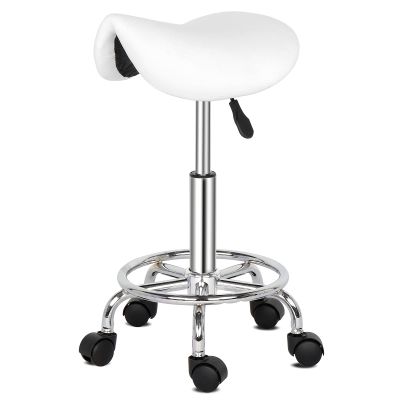Vasitelan Rolling Saddle Stool PU Leather Swivel Adjustable Rolling Stool with Wheels Salon Chair (White)