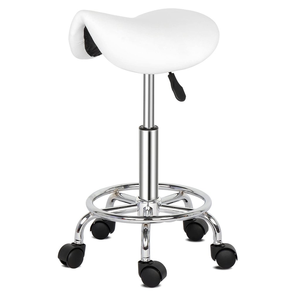 Vasitelan Rolling Saddle Stool PU Leather Swivel Adjustable Rolling Stool with Wheels Salon Chair (White)
