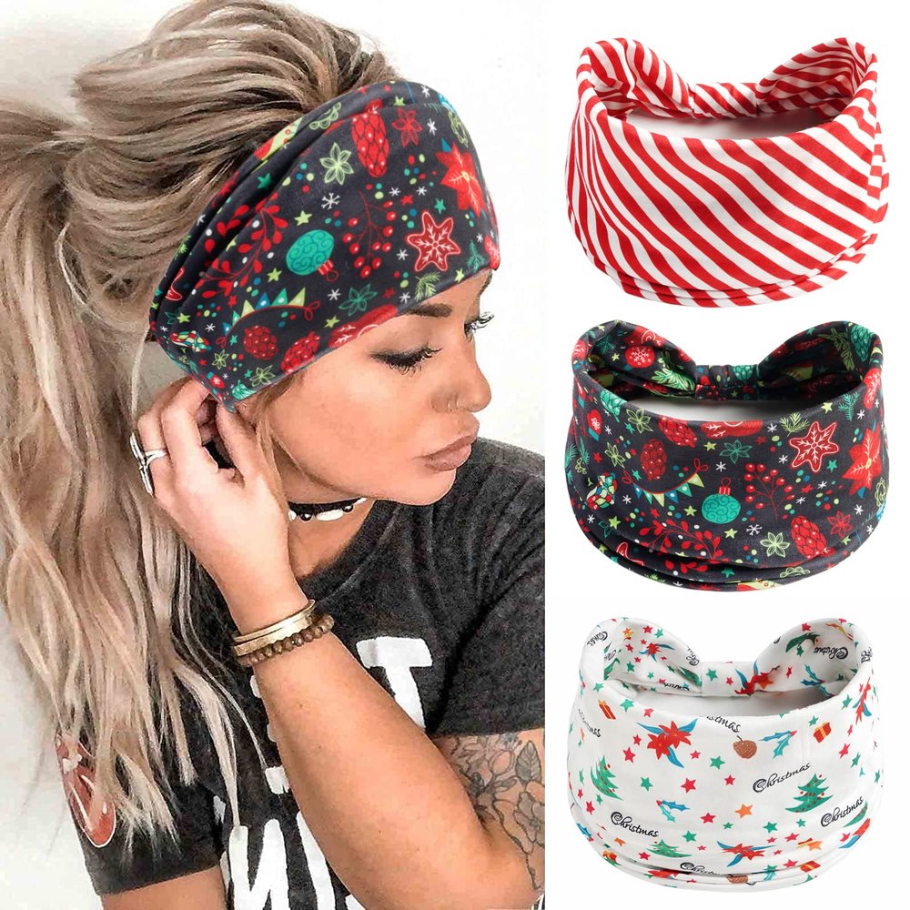 Ainuno Christmas Headbands for Women Retro Vintage Red Stripe Party Xmas Head Bands Workout Thick Party Bandana Winter Fashion Yoga Head Bands Hair Knotted Elastic Stretch Headwear Pack of 3