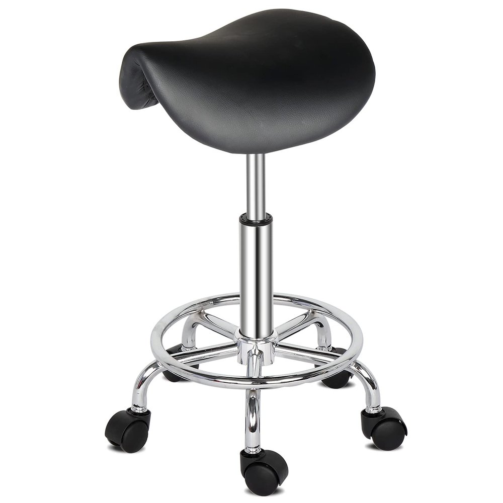 Vasitelan Rolling Saddle Stool PU Leather Swivel Adjustable Rolling Stool with Wheels Salon Chair (Black)