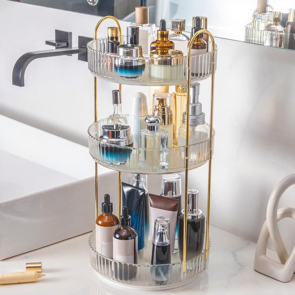 INVSSENE 360 Rotating Makeup Organizer, Bathroom Make Up Spinning Holder Rack, Large Capacity Cosmetics Storage Vanity Shelf Countertop, Fits Cosmetics, Perfume, Skincare, Lipsticks(3 Tiers, Clear)