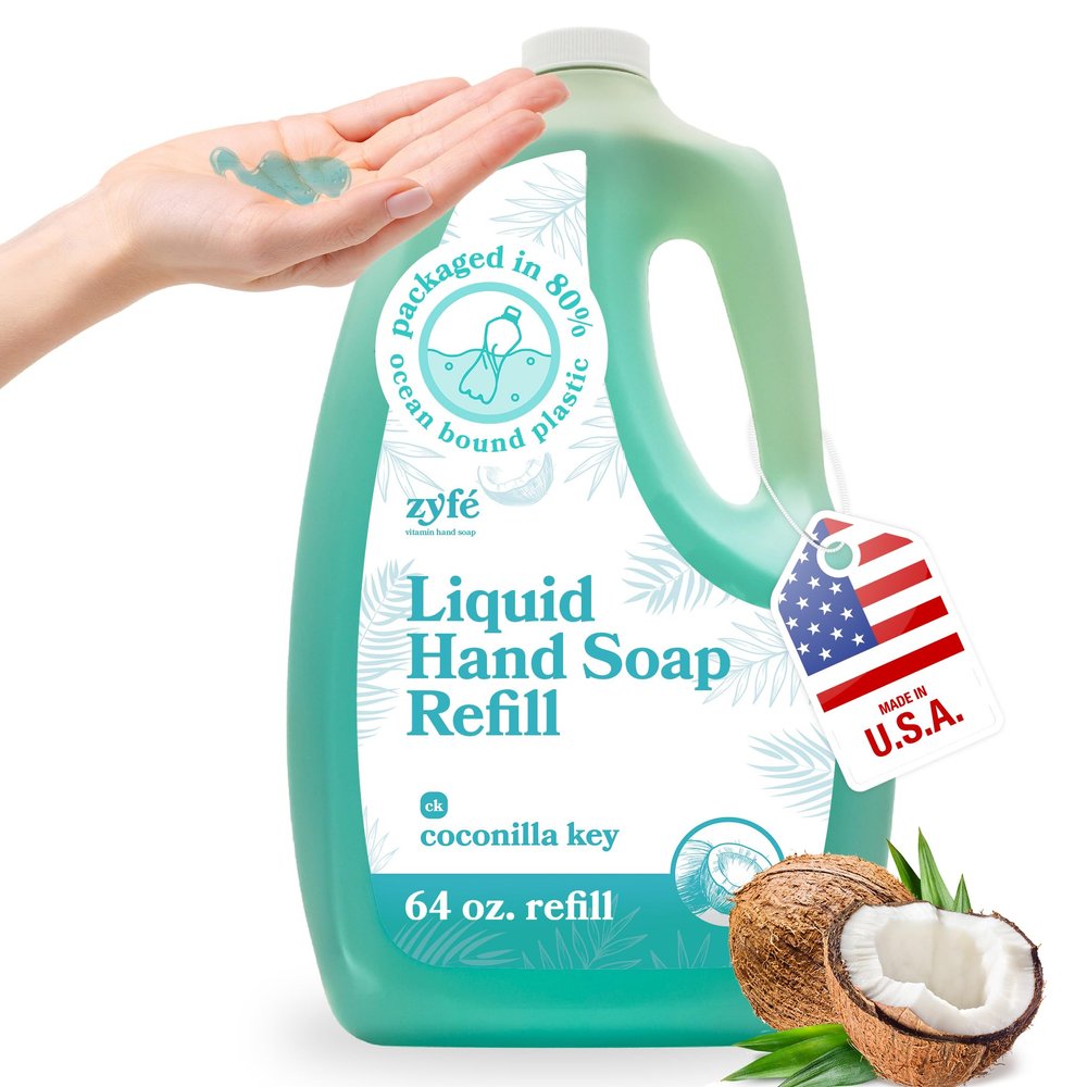 ZYFE Vitamin infused Liquid Hand Soap Refill - Natural Plant Derived Moisturizing Handsoap with Essential Oil Fragrance Coconilla Key - Soft Hand Wash for Kitchen & Bathroom - Lush Soft Soap 64oz
