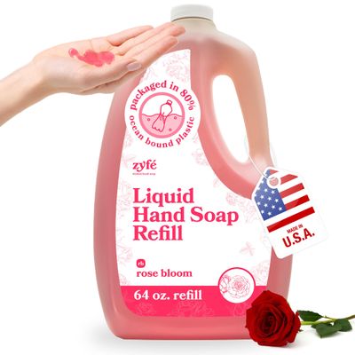 ZYFE Vitamin Hand Soap Refill - Liquid Hand Soap - Natural Plant Derived Moisturizing Handsoap with Essential Oil Fragrance Rose Bloom - Soft Hand Wash for Kitchen & Bathroom - Lush Soft Soap 64oz