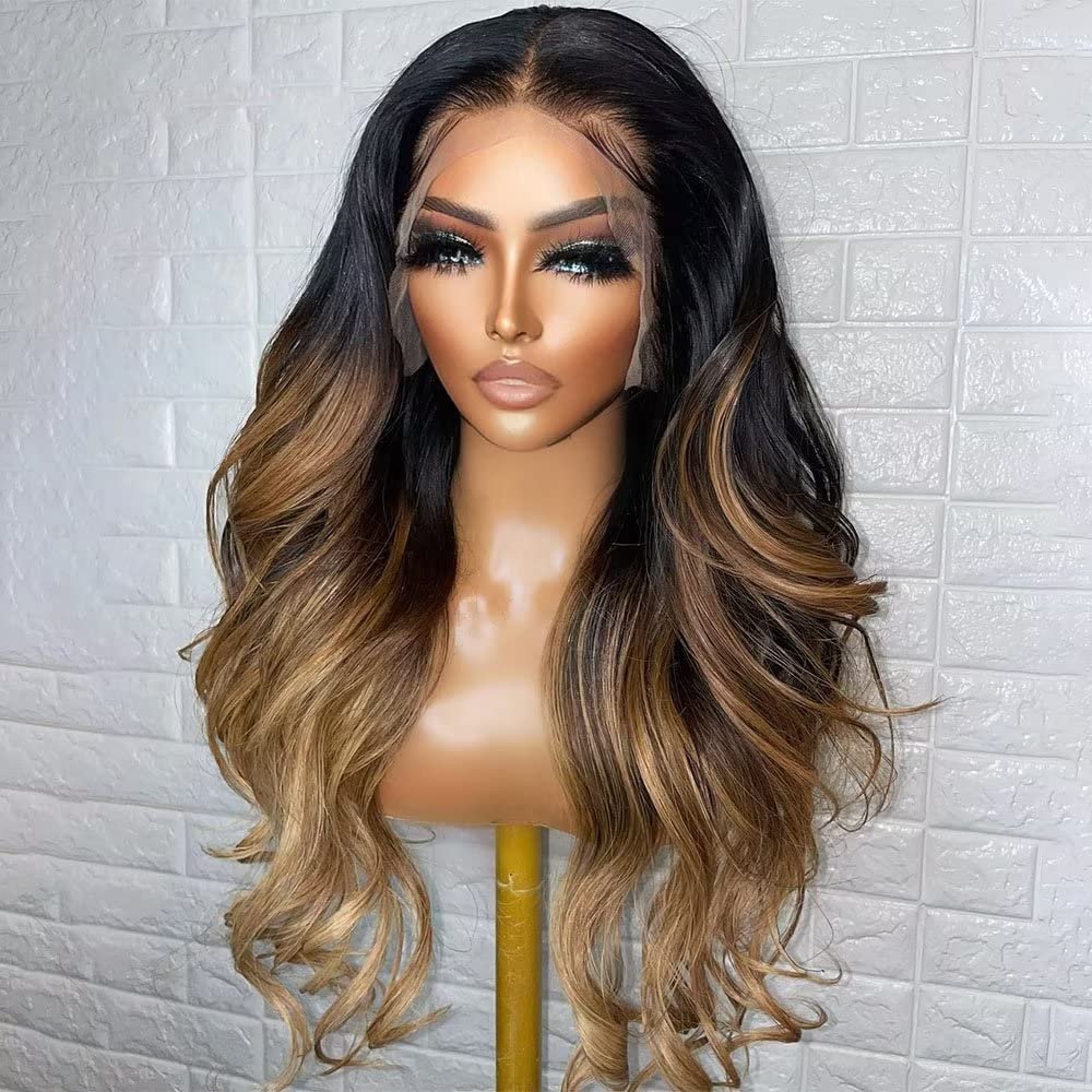 13x4 Ombre 1B30 Colored Body Wave HD Transparent Lace Front Human Hair Wig With Baby Hair for Black Women Pre Plucked Natural Hairline Bleached Knots Glueless Wig 150% Density 20 Inch