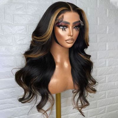 oulaer 13x4 Highlight 1B27 Colored Body Wave Human Hair Pre Plucked HD Transparent Lace Front Wig With Baby Hair Brazilian Remy Hair Natural Hairline Bleached Knots for Women 150% Density 22 Inch