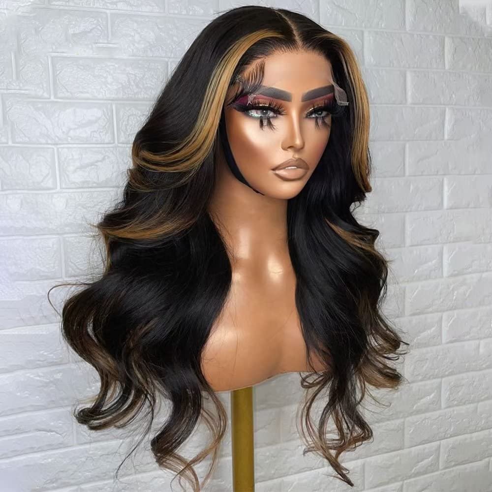 oulaer 13x4 Highlight 1B27 Colored Body Wave Human Hair Pre Plucked HD Transparent Lace Front Wig With Baby Hair Brazilian Remy Hair Natural Hairline Bleached Knots for Women 150% Density 22 Inch