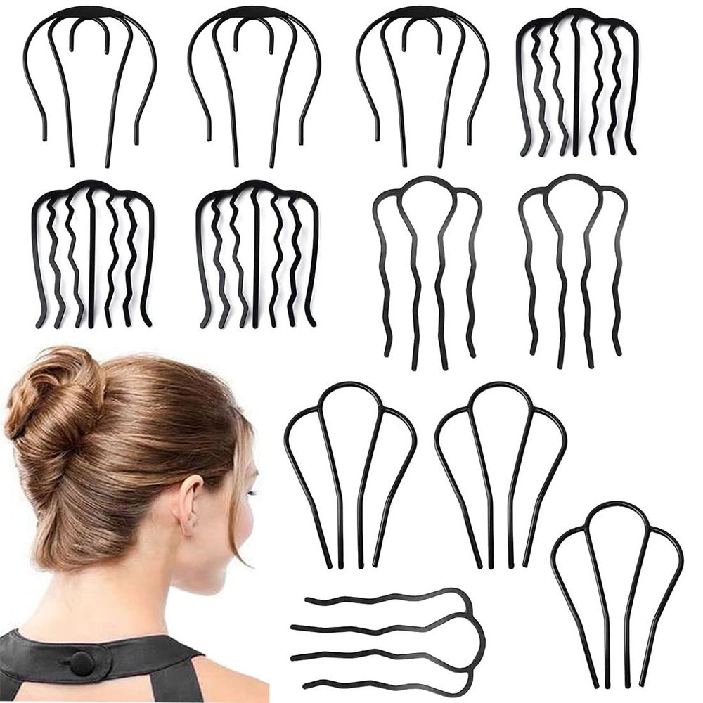 12 Pieces Metal Hair Fork Clip Stick Black U Shape Updo Hair Sticks Side Hair Comb 4 Prong Clips Grips For Women Hair Styling Tool Accessories