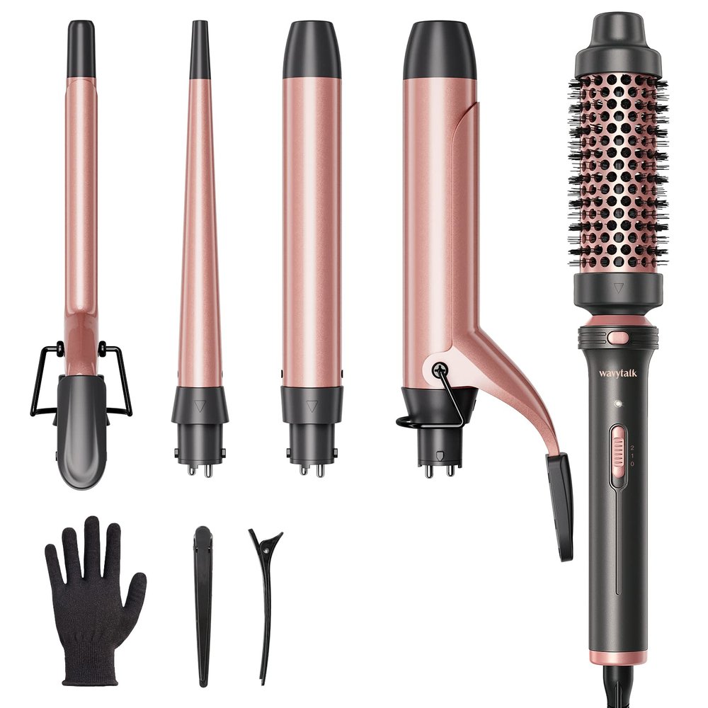 Wavytalk 5 in 1 Curling Iron Set with Curling Brush and 4 Interchangeable Ceramic Curling Wand (0.35"-1.25), Wand Curling Iron Instant Heat Up, Dual Voltage Hair Curler