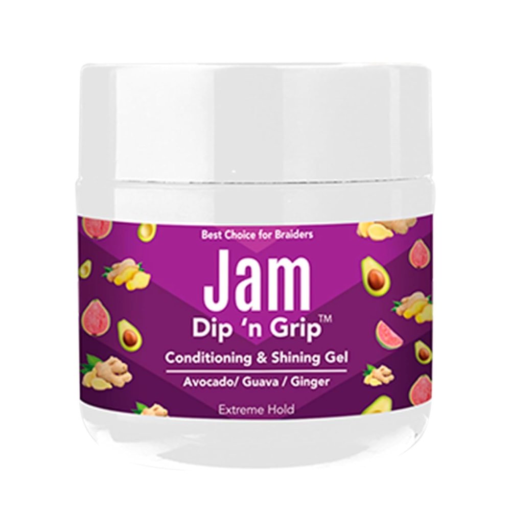 Dip n Grip Jam Hair Braiding Gel 4oz  Extreme Hold & Long-Lasting Shine for Braids, Twists & Curls  Infused with Avocado, Guava & Ginger for Moisture & Hair Growth.