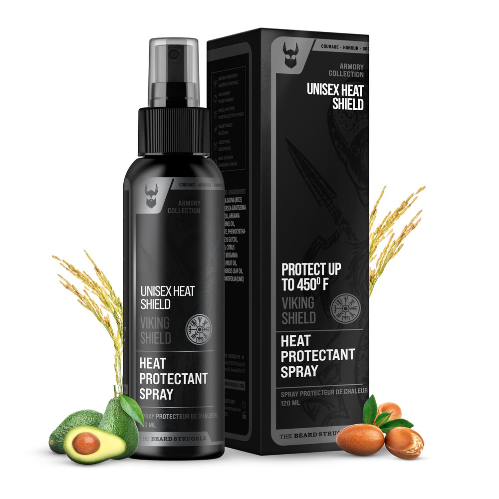 Beard & Hair Heat Protectant Spray - Viking Shield Beard Spray for Men, Protects Hair from Heat Damage of Straightener and Styling - Argan Oil Thermal Protector Spray - Protect Up To 450 F - 4 Fl Oz