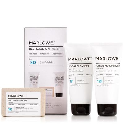 MARLOWE. No. 145 Body Hair Trimmer for Men & Best Sellers Kit | No. 203 | Features Signature Body Scrub Soap Bar, Men's Facial Cleanser & Facial Moisturizer | Great Gift for Men