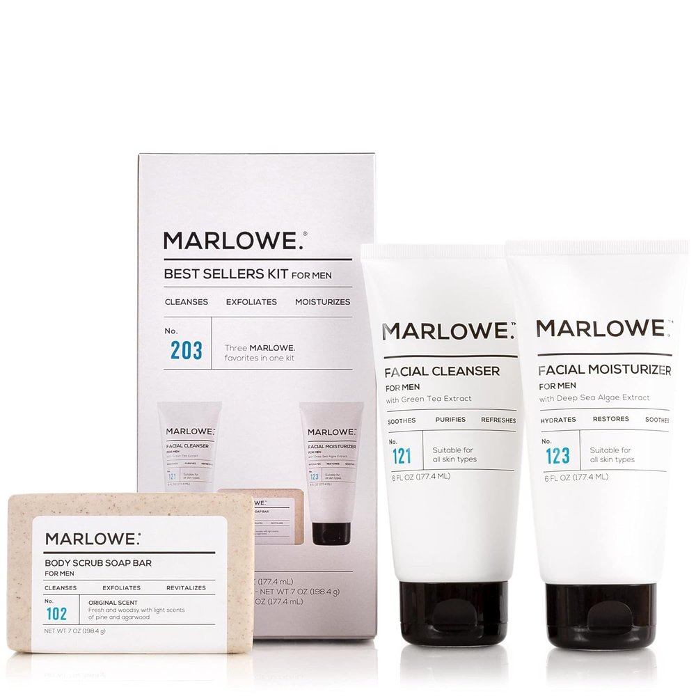 MARLOWE. No. 145 Body Hair Trimmer for Men & Best Sellers Kit | No. 203 | Features Signature Body Scrub Soap Bar, Men's Facial Cleanser & Facial Moisturizer | Great Gift for Men