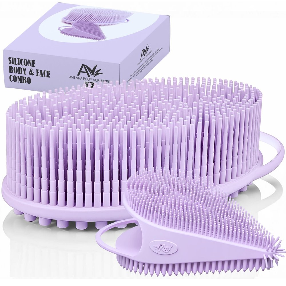 Body Face Scrubber Set Silicone - 2 Pack Shower Brush Facial Cleansing Kit - Avilana Bath Loofah Alternative Complete Skincare System Dual Sided - Gift Set Women Men