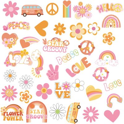 280Pcs Hippie Theme Temporary Tattoos Stickers 70's Theme Tattoos Stickers Hippie Face Body Sticker For Adults And Kids Cute Cartoon Printing Groovy Assorted Groovy Party Supplies