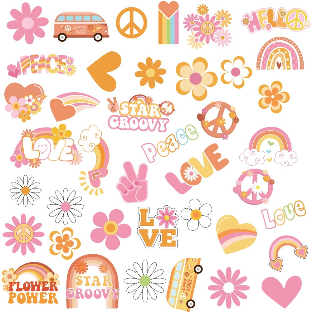 280Pcs Hippie Theme Temporary Tattoos Stickers 70's Theme Tattoos Stickers Hippie Face Body Sticker For Adults And Kids Cute Cartoon Printing Groovy Assorted Groovy Party Supplies