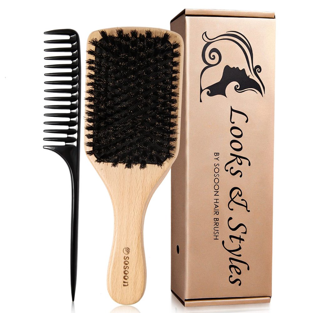 Sosoon Hair Brush, 100% Pure Boar Bristle Paddle Brush for All Hair Types, Restore Shine & Texture and Makes Hair Smooth & Health