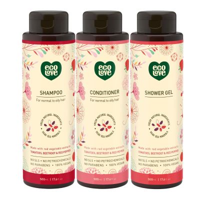 ecoLove  Natural Shampoo, Conditioner & Moisturizing Body Wash, for Normal and Oily Hair - With Organic Tomato and Beet Extract No SLS or Parabens - Vegan and Cruelty-Free