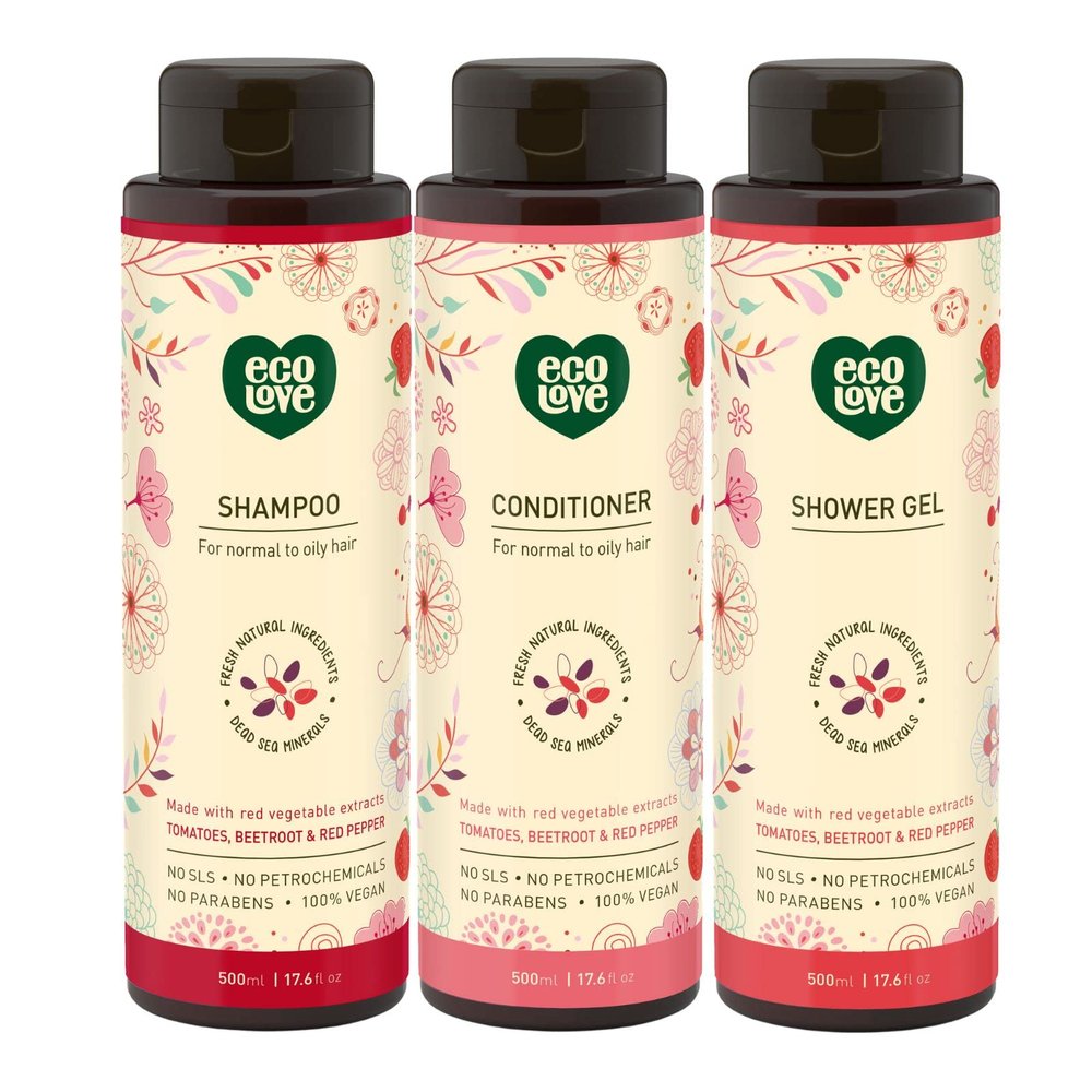 ecoLove  Natural Shampoo, Conditioner & Moisturizing Body Wash, for Normal and Oily Hair - With Organic Tomato and Beet Extract No SLS or Parabens - Vegan and Cruelty-Free