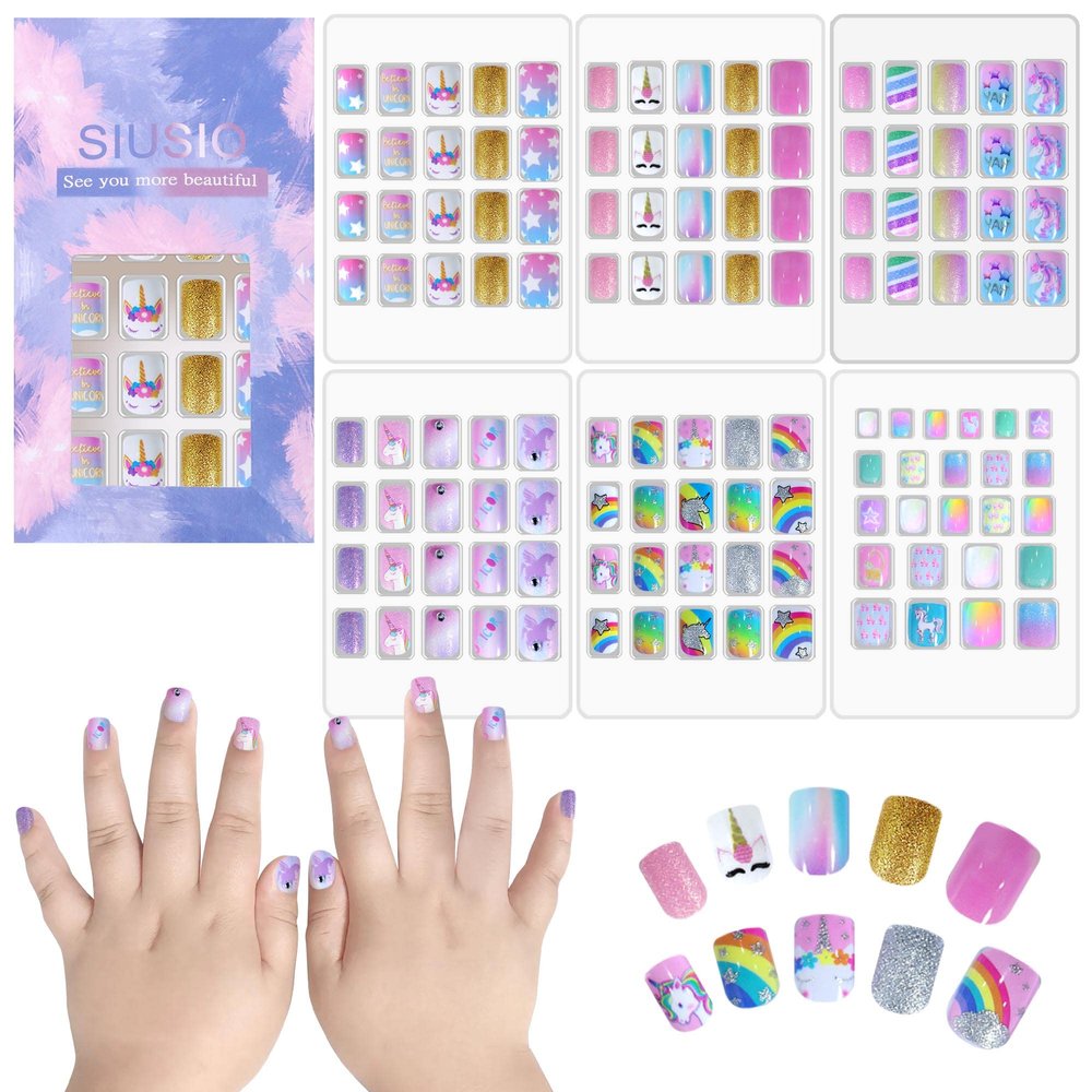 SIUSIO 124 Pcs 6 Pack Children Acrylic Fake Nails Press on Cute Pre-glue Full Cover Glitter Gradient Color Rainbow Short Kids Stick On False Nail Art Kits Set for Kids Little Girls - Dreamy Fairy
