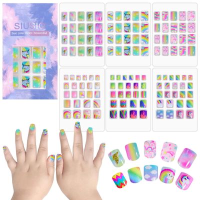 SIUSIO 132 Pcs 6Pack Kids Press on Nails Children Acrylic Fake Nails Cute Pre-glue Full Cover Glitter Gradient Color Rainbow Short Stick On False Nail Art Kits Set for Kids Little Girls - Spendid Pony