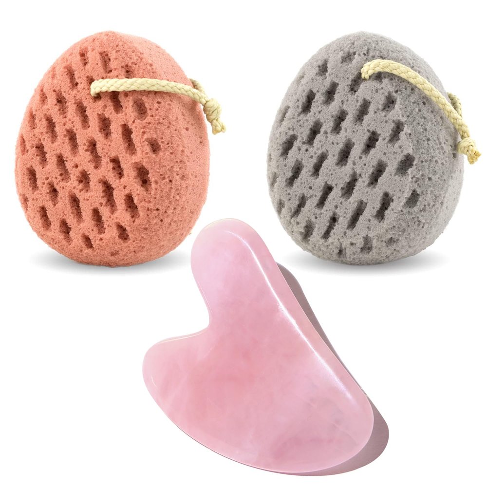 BAIMEI Bath Sponge & Rose Quartz Gua Sha  Hydration & Relaxation Set