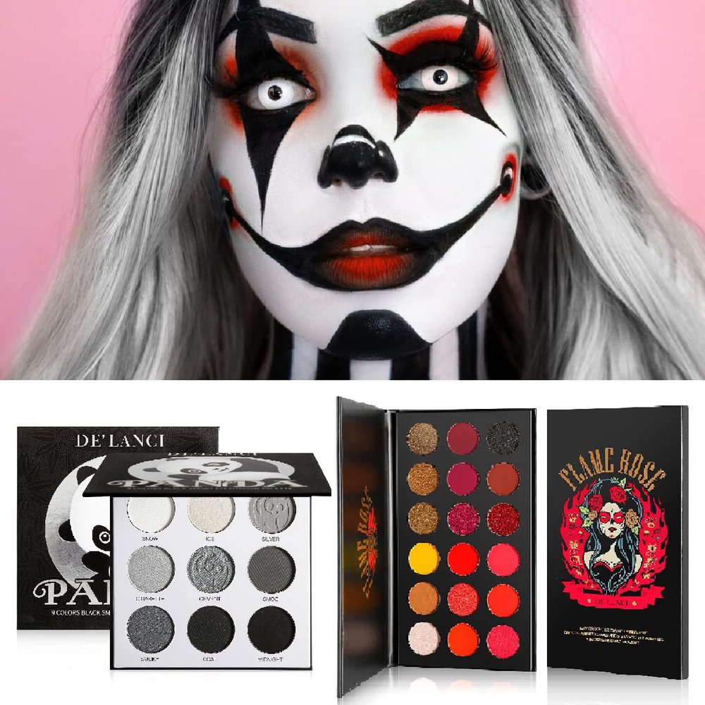 Afflano Black Red Eyeshadow Palette Smokey Eyes Makeup, Highly Pigmented True Red Eye Shadow + Blendable Dark Grey Silver Makeup Palette 2 Pcs., for Halloween SFX Vampire Special Effects Clown Makeup