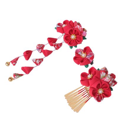KALLORY 3pcs Japanese Style Flower Hair Clips Handmade Red Barrette Accessories for Kimono and Everyday Wear Hair Decoration for Women and Girls