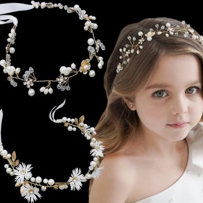 2 Pieces Bridal Hair Vines Flower Wedding Headband Princess Hair Accessories Crystal Pearls Headpiece Elegant Head bands for Bridesmaid and Flower Girls (Gold)