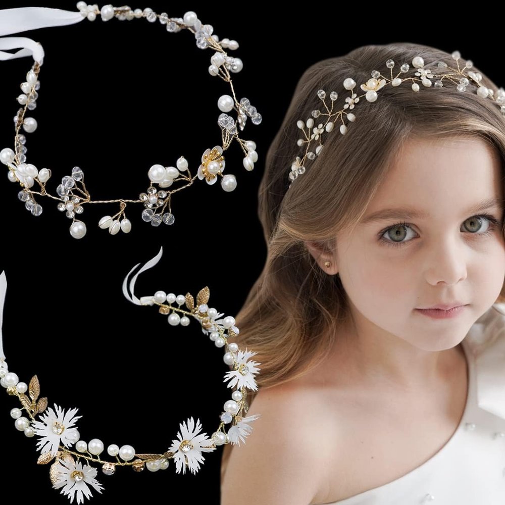 2 Pieces Bridal Hair Vines Flower Wedding Headband Princess Hair Accessories Crystal Pearls Headpiece Elegant Head bands for Bridesmaid and Flower Girls (Gold)