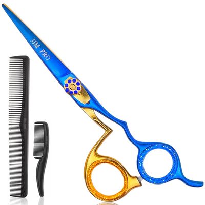 JIM PRO Hair Cutting Scissors Shears, Barber Scissor Professional Hairdressing Scissors With Fancy Handle (Hair Beard Trimming Shaping Grooming Shears) for Men Women Pets Home Salon (Blue & Gold)