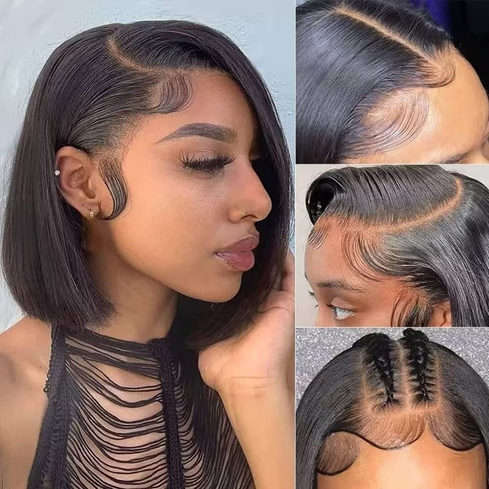 13x4 Real Swiss HD Lace Front Bob Wig Human Hair 0.14mm Ultra-thin Invisible Swiss Lace Virgin Human Hair Short Bob Natural Hairline 13x4 HD Short bob Full Lace Frontal Wigs Human Hair Pre Plucked 14"