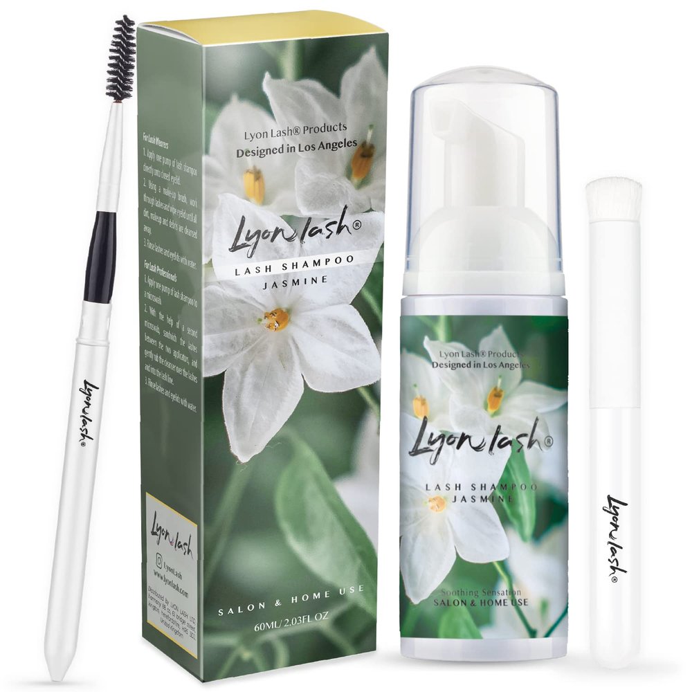 Lyon Lash Eyelash Extension Shampoo (Jasmine), Gentle Formula Paraben & Sulfate Free, Oil Free Foam Cleanser Kit | Remove Eye Makeup & Oil & Dust | Professional Salon And Home Use (60ml + 1 mascara wand + 1 cleansing brush)