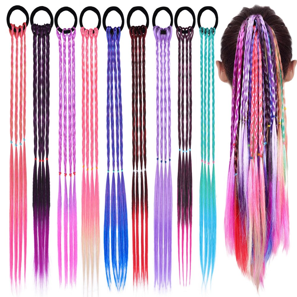 18 PCS Girls Rainbow Braided Synthetic Hairpieces Ponytail Kids Hair Extensions with Rubber Bands