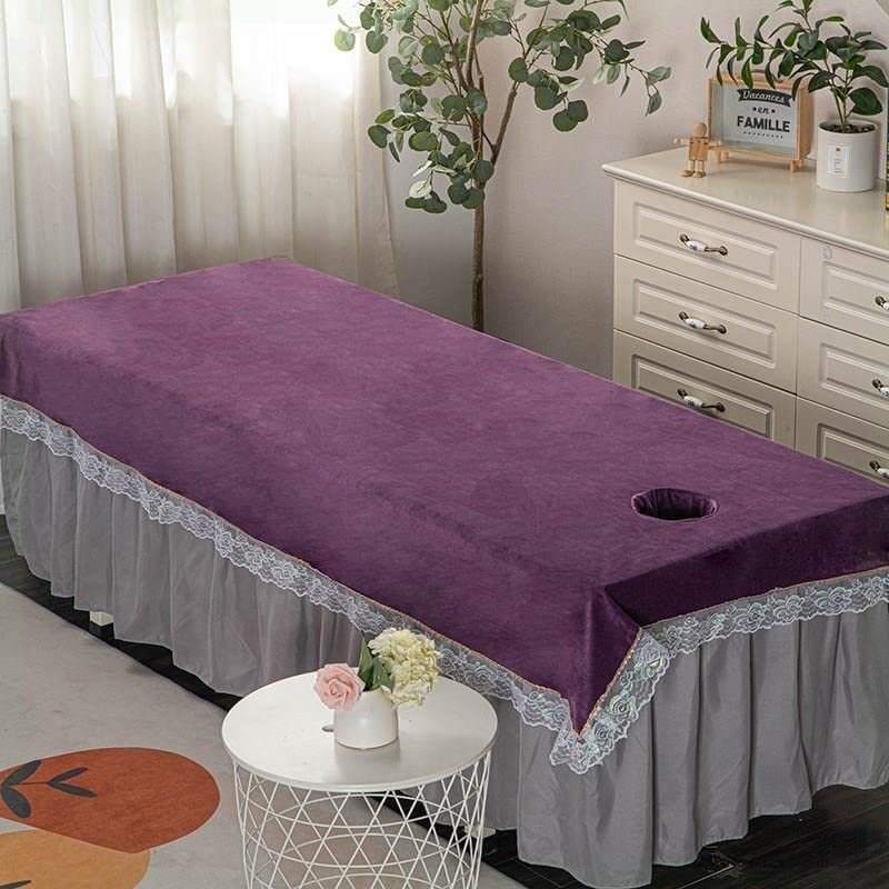 Plush Beauty Massage SPA Couch Cover with Face Hole Bed Sheet Cover Massage Table Cloth Thick Spa Massage Treatment Table Bed Cover Lace Side Massage Table Sheet-J 85x205cm