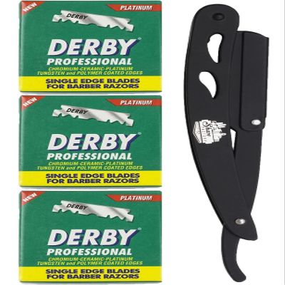 Straight Edge Razor Kit - with Single | | Stainless Steel | razors for men from The Shave factory (Black / 300 Derby Professional Blades)