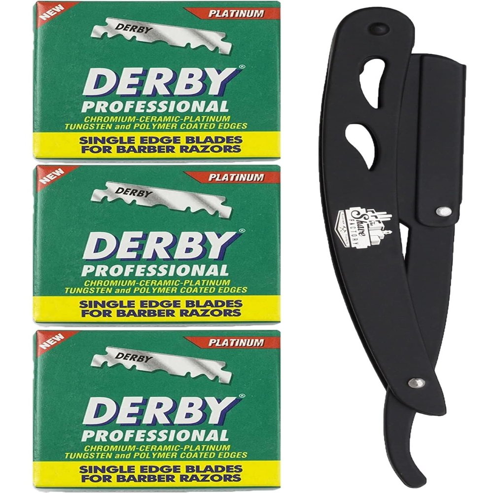Straight Edge Razor Kit - with Single | | Stainless Steel | razors for men from The Shave factory (Black / 300 Derby Professional Blades)