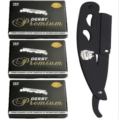 the shave factory Straight Edge Razor Kit - with Single Stainless Steel razors for men from (Black / 300 Derby Blades)