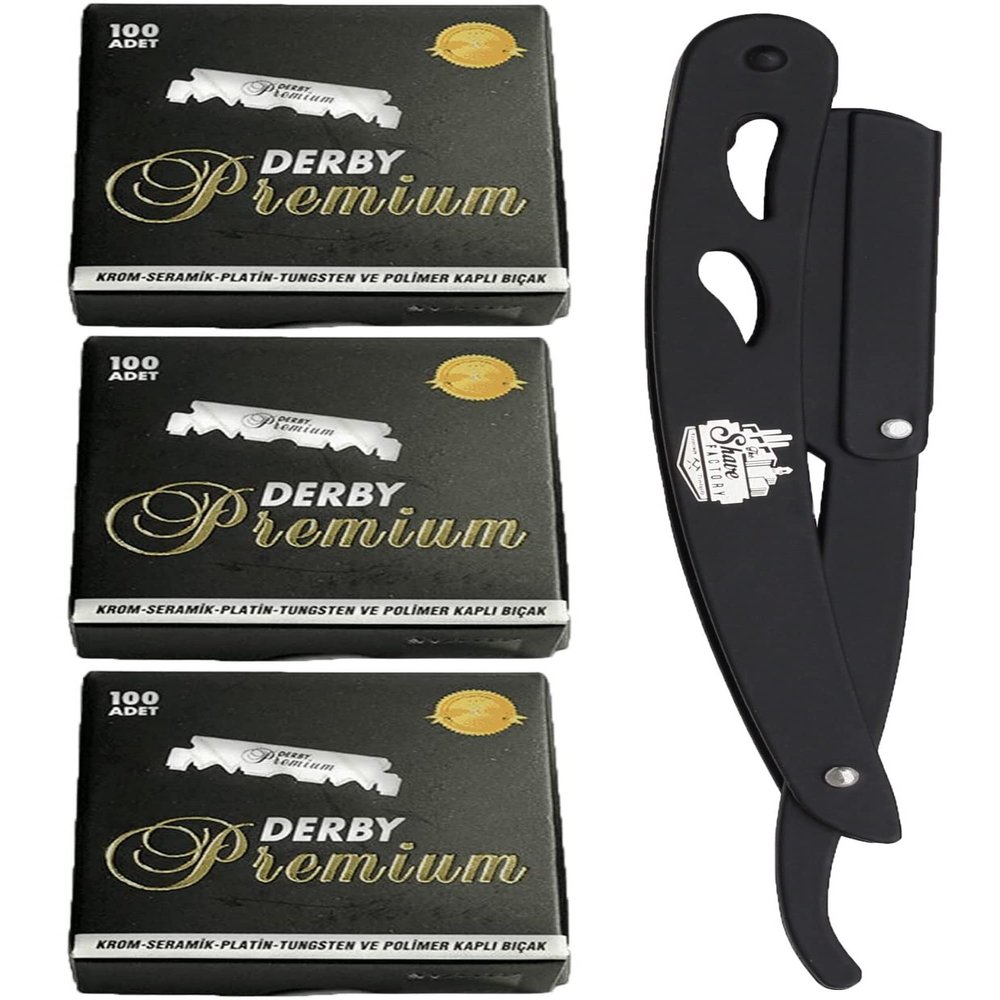 the shave factory Straight Edge Razor Kit - with Single Stainless Steel razors for men from (Black / 300 Derby Blades)
