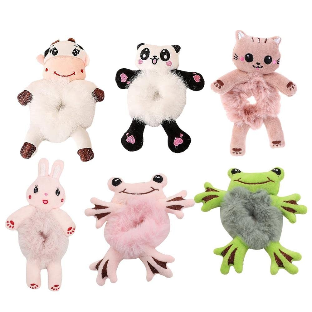 LIUZHIPENG 6 Pieces Cute Animal Scrunchies, Bunny Frog Panda Cat Cow Hair Bands, Hair Ties for Women Girls, Hair Styling Tools, Multicolor, 6 Count