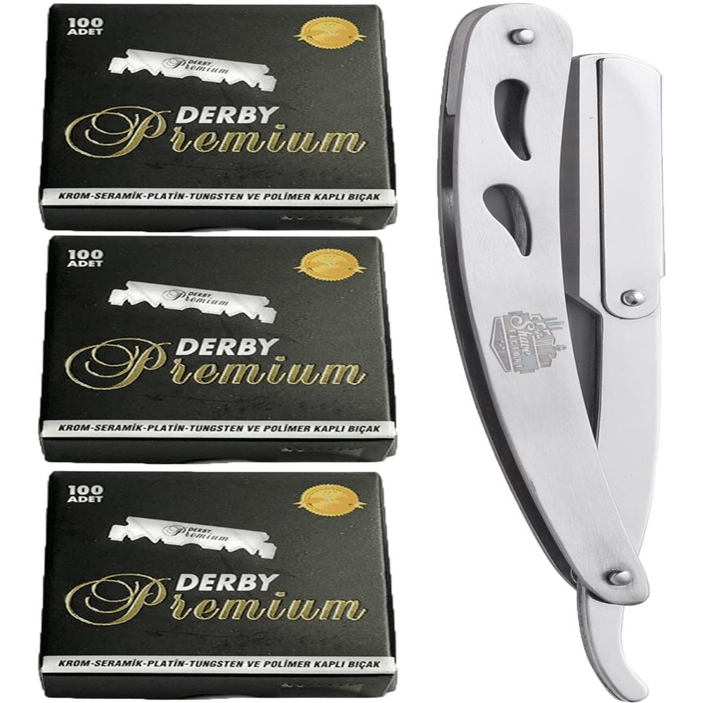 The Shave Factory Straight Edge Razor Kit - with Single Stainless Steel razors for men from (Steel, Derby Premium Single Edge)
