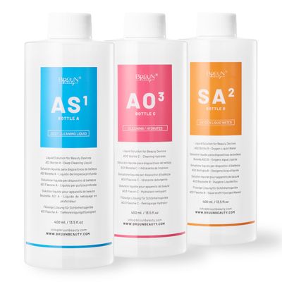 BRUN Aqua Facial Serums for Face Cleansing A Pack of 400ml 3 Aqua Peeling Solution AS1, SA2, and AO3 Skin Care Solution for Vacuum face Cleaning Jet for Home and Spa