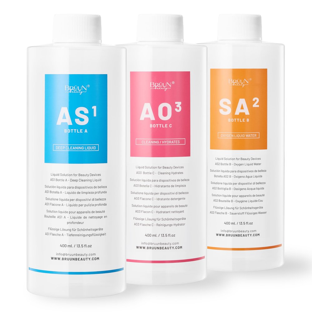 BRUN Aqua Facial Serums for Face Cleansing A Pack of 400ml 3 Aqua Peeling Solution AS1, SA2, and AO3 Skin Care Solution for Vacuum face Cleaning Jet for Home and Spa