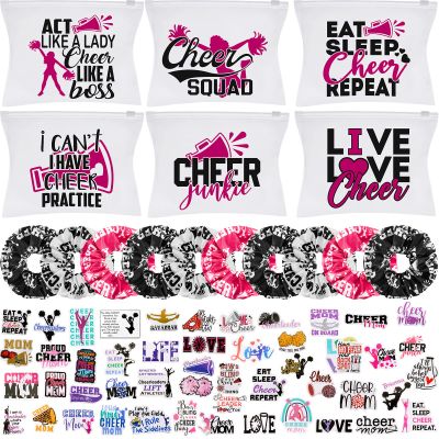 Amylove 65 Pcs Cheerleader Gifts Bulk Cheer Makeup Bag Portable Sports Cosmetic Zipper Pouches Cheer Scrunchies Cheerleading Hair Ties Sticker Water Bottles Laptop Car Decal for Women Teammates