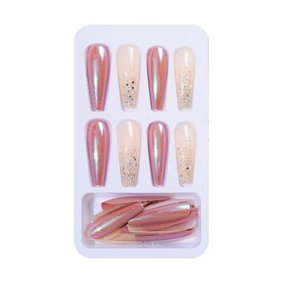 HAZELS Full Cover False Nails French Long Ballet Detachable Fake Nails Matte Shiny Flame Fake Nail Glitter Gold Line Manicure Decor (Color : 24pcs-03)