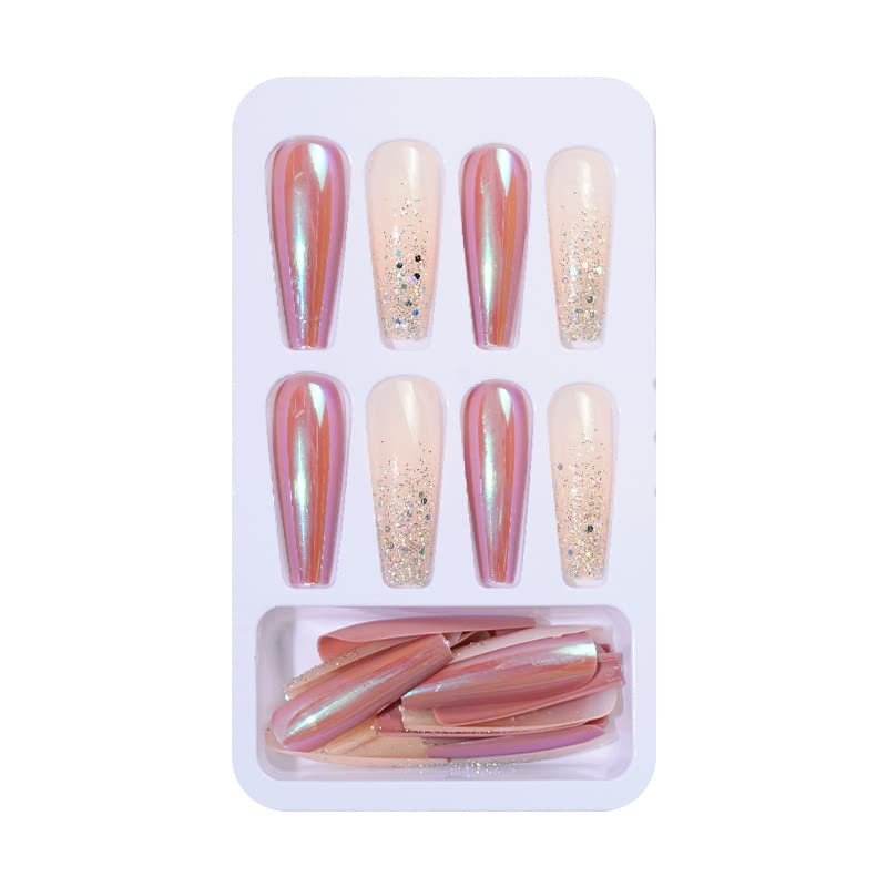 HAZELS Full Cover False Nails French Long Ballet Detachable Fake Nails Matte Shiny Flame Fake Nail Glitter Gold Line Manicure Decor (Color : 24pcs-03)