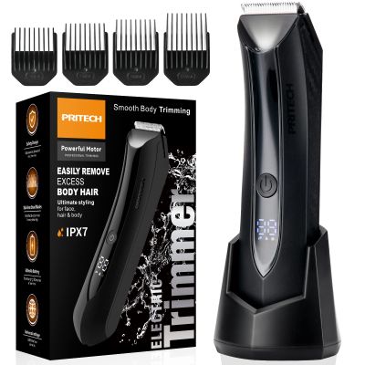 PRITECH Body Hair Trimmer for Men - Rechargeable Trimmer for Mens with Ceramic Blade, Wet & Dry Mens Ball Trimmer with Standing Recharge Dock, Cordless Groin Hair Trimmer for Men
