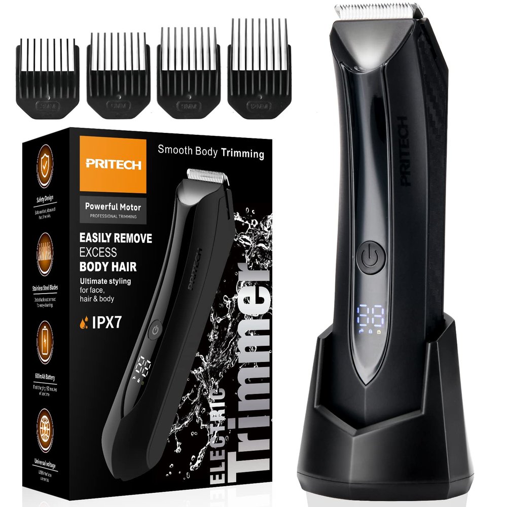 PRITECH Body Hair Trimmer for Men - Rechargeable Trimmer for Mens with Ceramic Blade, Wet & Dry Mens Ball Trimmer with Standing Recharge Dock, Cordless Groin Hair Trimmer for Men